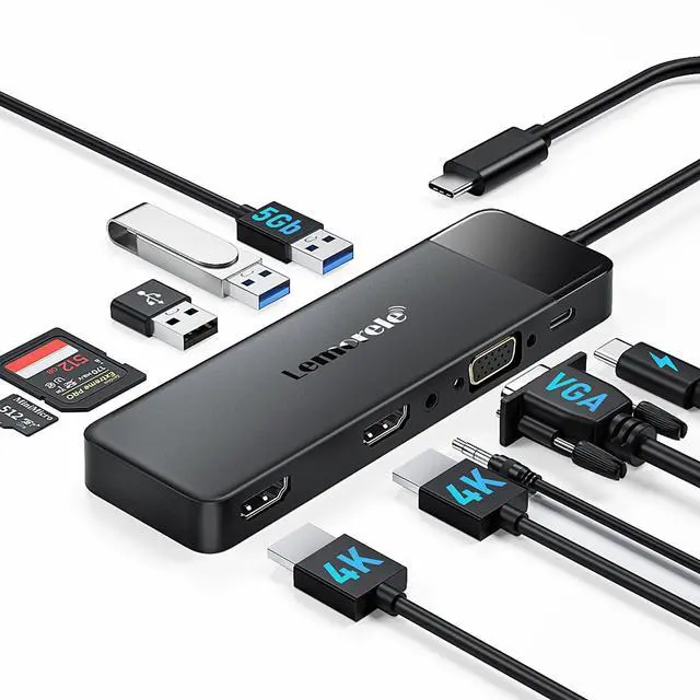 Main image of Lemorele USB C Docking Station Dual Monitor 10- in-1 Triple Display Laptop Hub Multiport Adapter w/2 HDMI 4K+VGA+3 USB3.0/2.0+TF/SD 2.0+Audio+100W PD, USB C Dongle for Mac/Dell/HP/Lenovo/Surface