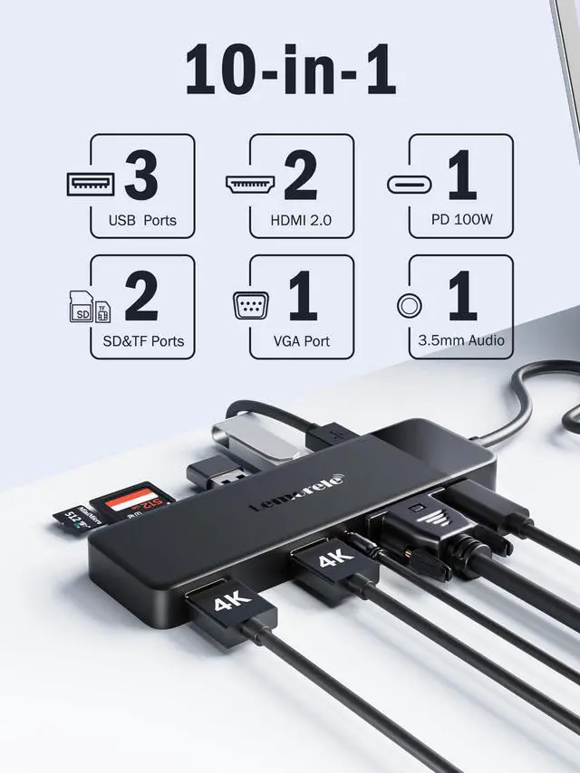 Alt view image 2 of 5 - Lemorele USB C Docking Station Dual Monitor 10- in-1 Triple Display Laptop Hub Multiport Adapter w/2 HDMI 4K+VGA+3 USB3.0/2.0+TF/SD 2.0+Audio+100W PD, USB C Dongle for Mac/Dell/HP/Lenovo/Surface