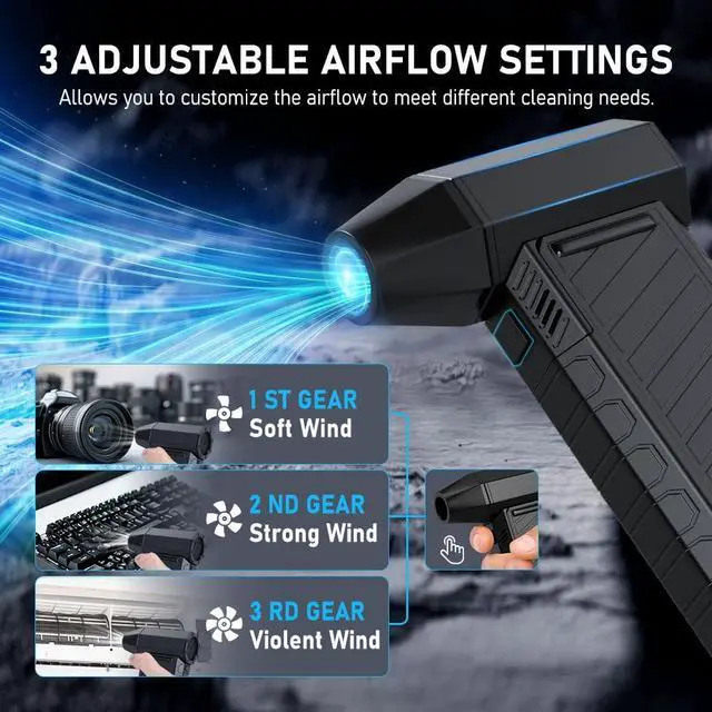 Alt view image 2 of 5 - Compressed Air Duster with LED Lights, Rechargeable Cordless Electric Air Blower Turbo Fan, Powerful 3 Gear Adjustable Mini Dust Blower for PC, Computer, Keyboard, Car, Outdoor, and Home