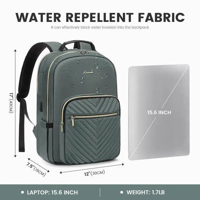 Alt view image 4 of 5 - LOVEVOOK Laptop Backpack for Women 15.6 inch,Cute Womens Travel Backpack Purse,Professional Laptop Computer Bag,Waterproof Work Business College Teacher Bag Carry on Backpack with USB Port,Grass Green