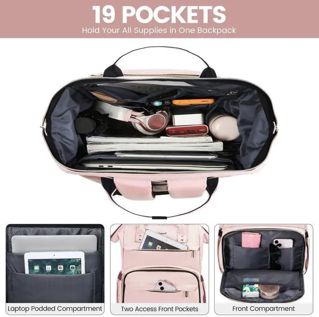 Alt view image 2 of 5 - LOVEVOOK Laptop Backpack for Women,18 Inch Professional Womens Travel Backpack Purse Computer Laptop Bag Nurse Teacher Backpack,Waterproof College Work Bags Carry on Back Pack with USB Port, Pink