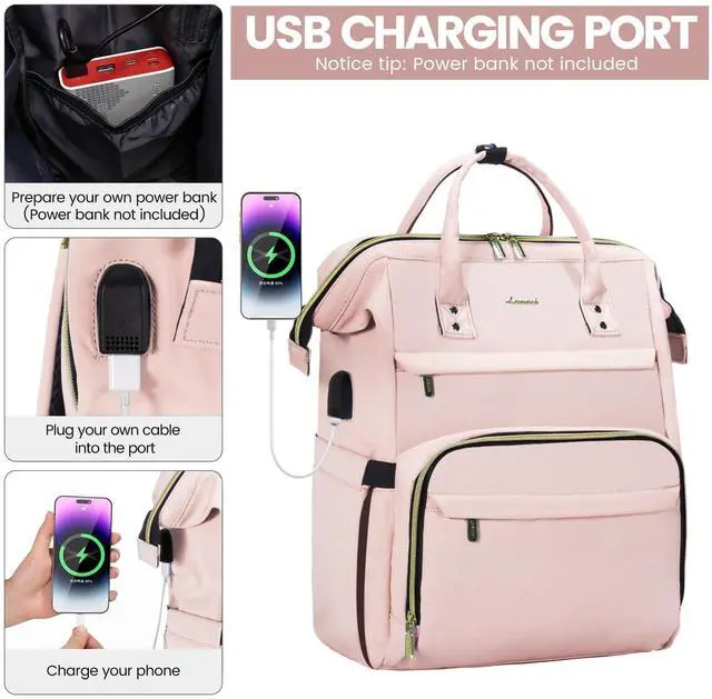 Alt view image 3 of 5 - LOVEVOOK Laptop Backpack for Women,18 Inch Professional Womens Travel Backpack Purse Computer Laptop Bag Nurse Teacher Backpack,Waterproof College Work Bags Carry on Back Pack with USB Port, Pink