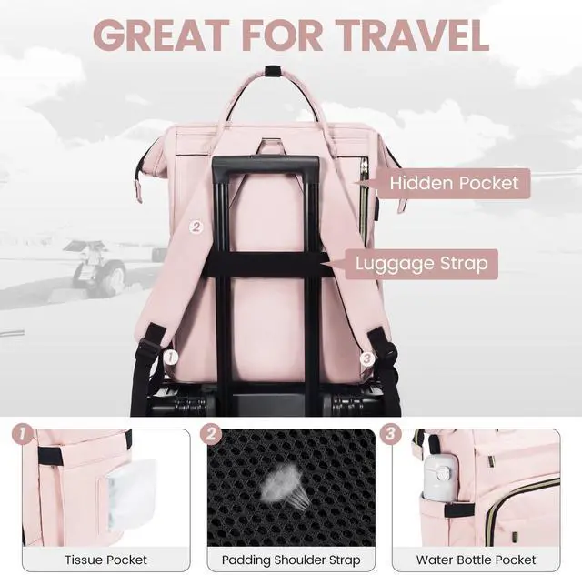 Alt view image 4 of 5 - LOVEVOOK Laptop Backpack for Women,18 Inch Professional Womens Travel Backpack Purse Computer Laptop Bag Nurse Teacher Backpack,Waterproof College Work Bags Carry on Back Pack with USB Port, Pink