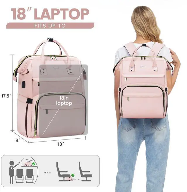 Alt view image 5 of 5 - LOVEVOOK Laptop Backpack for Women,18 Inch Professional Womens Travel Backpack Purse Computer Laptop Bag Nurse Teacher Backpack,Waterproof College Work Bags Carry on Back Pack with USB Port, Pink