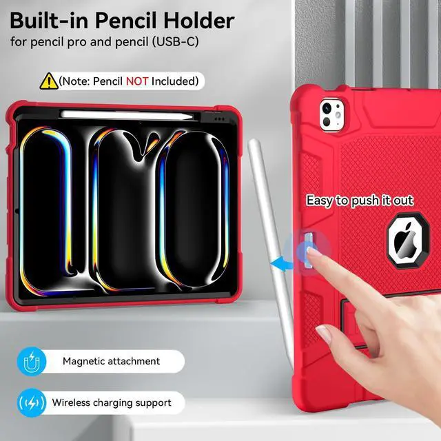Alt view image 4 of 5 - MARIWIVI Case for iPad Pro 13 inch Case 2024 (M4), iPad 13 Pro C ase with Pencil Holder, Built-in Stand Shockproof Rugged Protective Cover for iPad Pro 13 inch 2024 7th Gen (Red)