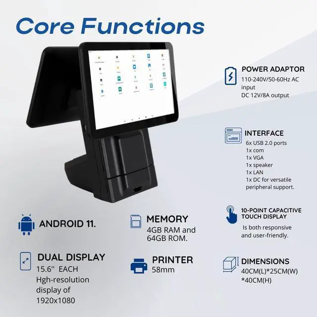 Alt view image 3 of 5 - All in One Point of Sale M9 with 15.6'' Dual Touch Screen. OS Android 11. Touch Pos with 58mm Thermal Printer for Receipts, Powerful Configuration Wi-fi, 4GB RAM and 64GB ROM. (Black)