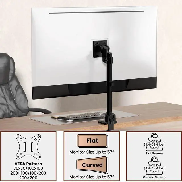 Alt view image 4 of 5 - Monitor-Arm Ultrawide Heavy Duty 27-57'' - Aluminum Single Monitor Mount Holds up to 59.4lbs, Adjustable Desk Mount Stand, VESA75/100/200mm, Black