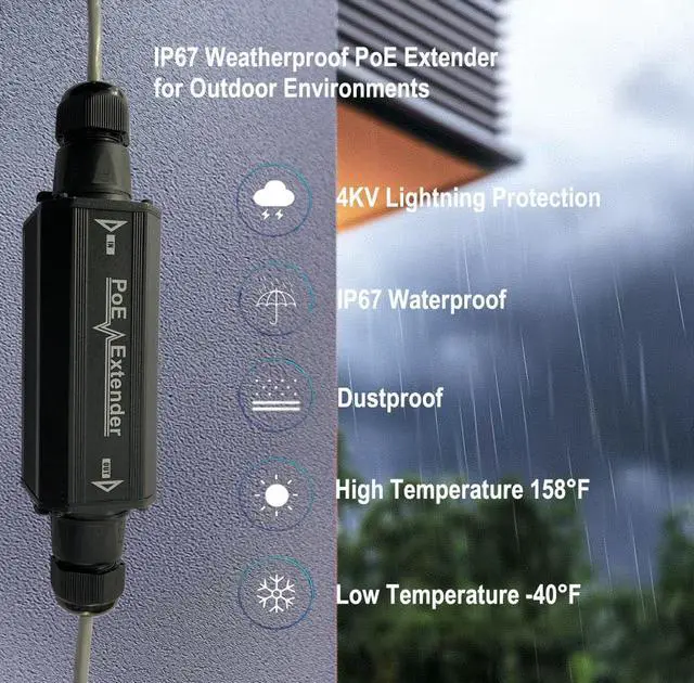 Alt view image 4 of 5 - Gigabit PoE+ Extender Outdoor IP67 Waterproof, 10/100/1000Mbps, 1 Channel PoE Repeater, Wall-Mount, Comply with IEEE 802.3at/af, PoE Amplifier/Booster for IP Cameras, VoIP Phone, Not Support 24V POE