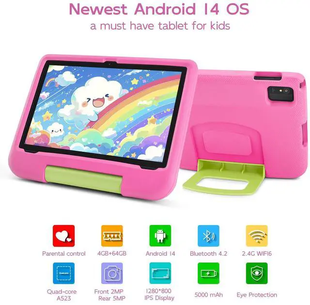 Alt view image 2 of 5 - Kids Tablet, 10.1 Inch Android 14 Tablet for Kids, Octa-Core, 8(4+4)GB RAM 64GB ROM Expandable, IPS HD 1280x800, WiFi 6, 5000mah Battery, GMS, 2.0MP + 5.0 MP, Parental Control Mode (Pink EVA Case)