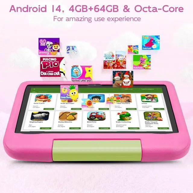 Alt view image 4 of 5 - Kids Tablet, 10.1 Inch Android 14 Tablet for Kids, Octa-Core, 8(4+4)GB RAM 64GB ROM Expandable, IPS HD 1280x800, WiFi 6, 5000mah Battery, GMS, 2.0MP + 5.0 MP, Parental Control Mode (Pink EVA Case)