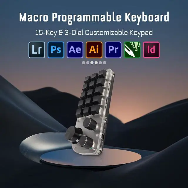 Alt view image 2 of 5 - 15 Keys 3 Knobs Macro Programmable Keyboard, 3 Connection Modes One Handed Macro Mechanical Keyboard, Blue Switch Hot Swappable Numpad, Gaming Keyboard with Memory Function