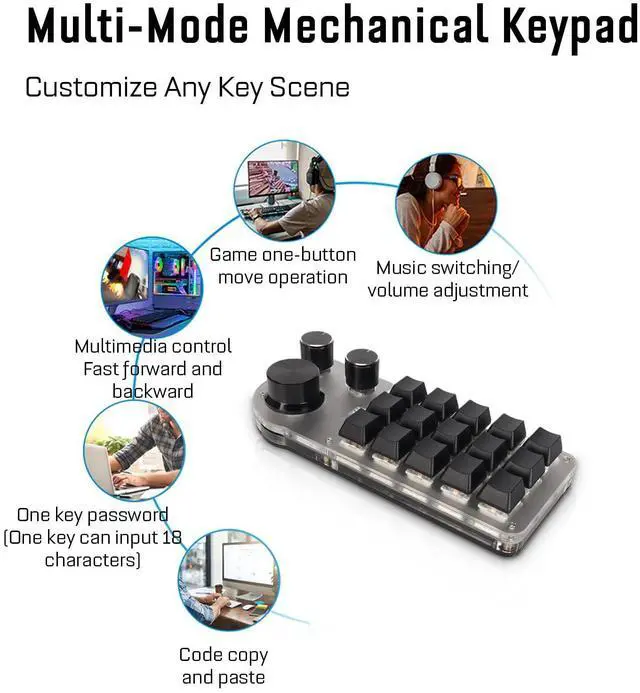 Alt view image 3 of 5 - 15 Keys 3 Knobs Macro Programmable Keyboard, 3 Connection Modes One Handed Macro Mechanical Keyboard, Blue Switch Hot Swappable Numpad, Gaming Keyboard with Memory Function