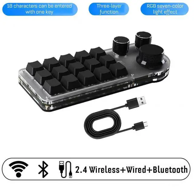 Alt view image 5 of 5 - 15 Keys 3 Knobs Macro Programmable Keyboard, 3 Connection Modes One Handed Macro Mechanical Keyboard, Blue Switch Hot Swappable Numpad, Gaming Keyboard with Memory Function