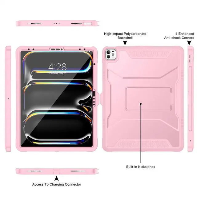 Alt view image 3 of 5 - Soke Case for iPad Air 13 Inch M3/M2 (2025/2024),iPad Pro 13 Inch M4,iPad Pro 12.9(2022 2021 2020,6th/5th/4th Gen), Rugged Shockproof Protective Cover with Built-in Kickstand - Pink