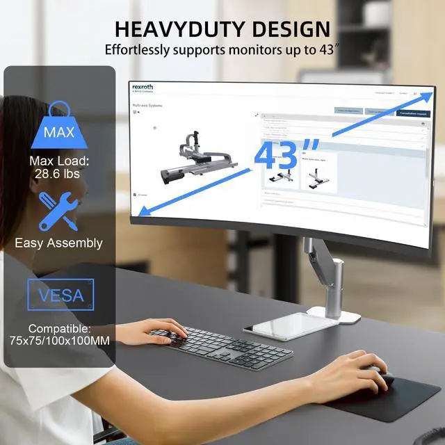 Alt view image 2 of 5 - Suptek Ultrawide Monitor Arm Mount for 17 to 43 Inch Heavy Duty Curved Screen,Holds 28.6 lbs,Adjustable Gas Spring Monitor Arm Desk Mount Stand,75/100 Vesa Mount,Silver(MD71MS)