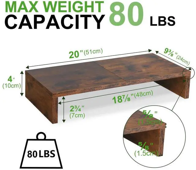 Alt view image 4 of 5 - TEAMIX 2 Pack Monitor Stand Riser-20 inch, Wooden Tabletop Shelf for TV/PC/Laptop/Printer, Rustic Brown Monitor Riser with Storage, Computer Stand Ergonomic Design