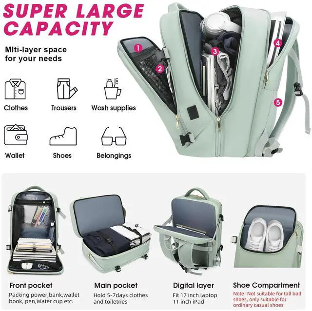 Alt view image 2 of 5 - TANGCORLE Travel Backpack for Women, 50L Extra Large Capacity Backpack with USB Charging Port, Expandable 17.3 inch Laptop Backpack Mochila Flight Approved, Casual Daypack for Weekender,Green