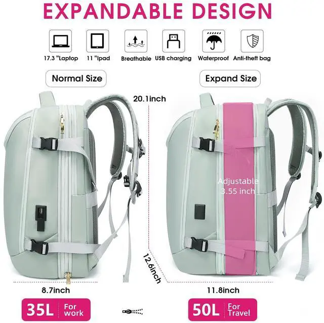 Alt view image 3 of 5 - TANGCORLE Travel Backpack for Women, 50L Extra Large Capacity Backpack with USB Charging Port, Expandable 17.3 inch Laptop Backpack Mochila Flight Approved, Casual Daypack for Weekender,Green