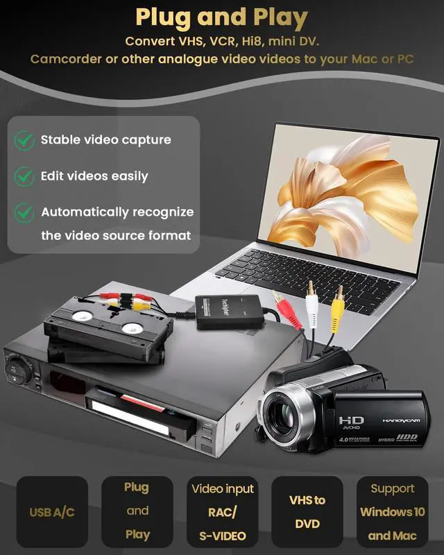 Alt view image 5 of 5 - VHS to Digital Converter & RCA to HDMI Adapter USB Video Capture Card for VCR/DVD/AV/PS2/Wii,av to hdmi converter Analog to Digital & HD Display Output, wii hdmi adapter,Save/Convert OldVideo