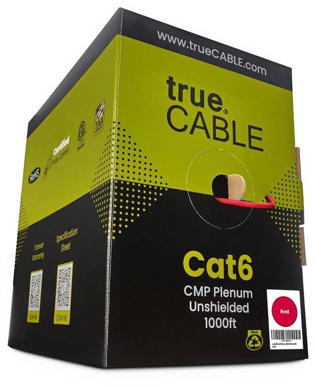 Main image of trueCABLE Cat6 Plenum (CMP), 1000ft, Red, 23AWG 4 Pair Solid Bare Copper, 550MHz, PoE++ (4PPoE), ETL Listed, Unshielded Twisted Pair (UTP), Bulk Ethernet Cable