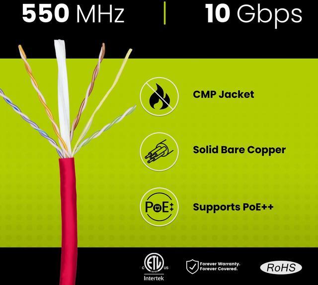 Alt view image 2 of 5 - trueCABLE Cat6 Plenum (CMP), 1000ft, Red, 23AWG 4 Pair Solid Bare Copper, 550MHz, PoE++ (4PPoE), ETL Listed, Unshielded Twisted Pair (UTP), Bulk Ethernet Cable