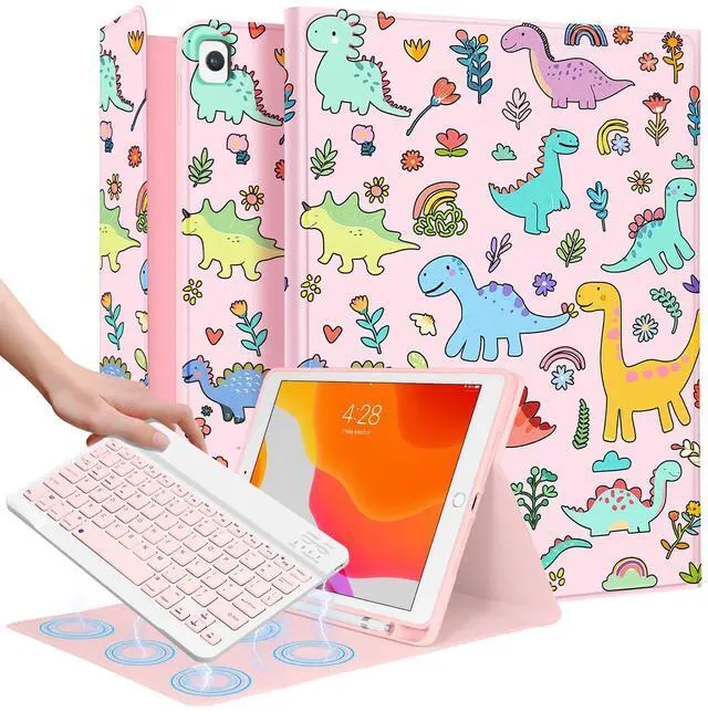 Main image of Wazzasoft for iPad 9th/8th/7th/Air 3rd Generation/Pro 10.5 Inch Case Keyboard Pencil Holder Folio Tablet Cover Women Girl Cute Girly Teen Kawaii Dino Unique Design for Apple 10.2 & 10.5 Inch