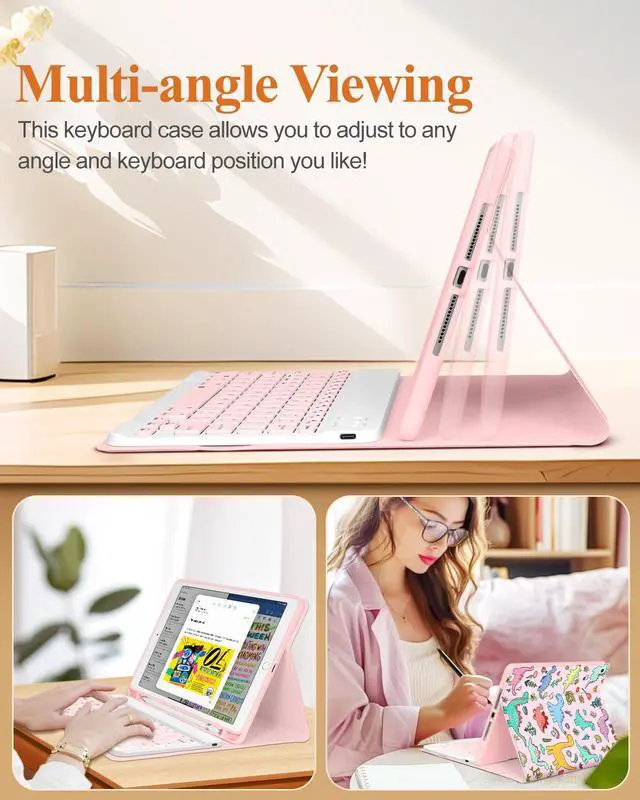 Alt view image 5 of 5 - Wazzasoft for iPad 9th/8th/7th/Air 3rd Generation/Pro 10.5 Inch Case Keyboard Pencil Holder Folio Tablet Cover Women Girl Cute Girly Teen Kawaii Dino Unique Design for Apple 10.2 & 10.5 Inch
