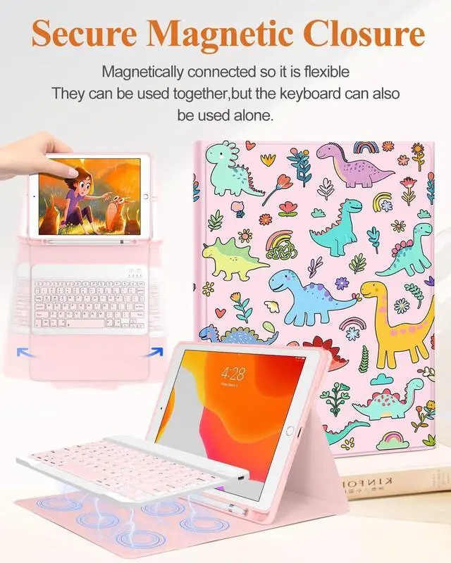 Alt view image 4 of 5 - Wazzasoft for iPad 9th/8th/7th/Air 3rd Generation/Pro 10.5 Inch Case Keyboard Pencil Holder Folio Tablet Cover Women Girl Cute Girly Teen Kawaii Dino Unique Design for Apple 10.2 & 10.5 Inch