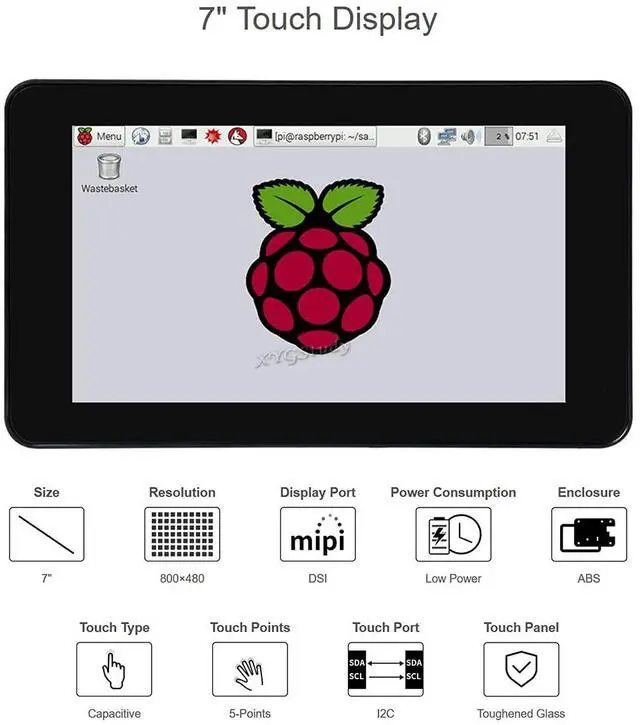 Alt view image 2 of 5 - 7inch for Raspberry Pi LCD Capacitive Touch Display Screen with Protection Case 800x480 DSI Interface for Raspberry Pi 4 Model B Raspbian Retropie Ubuntu Driver Free @XYGStudy
