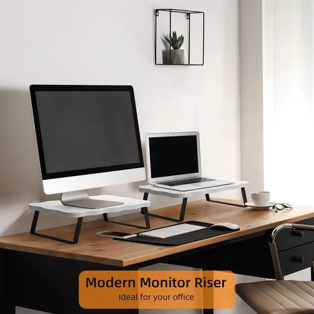 Alt view image 3 of 5 - Monitor Stand Riser, Wooden Computer Stand for Desk, Wood and Steel Multi-Purpose Desktop Storage Laptop Riser Desk Shelf for Computer, Laptop, PC, Printer, 21.65 x 9.45 x 3.94 Inch Length (White/2 Pc