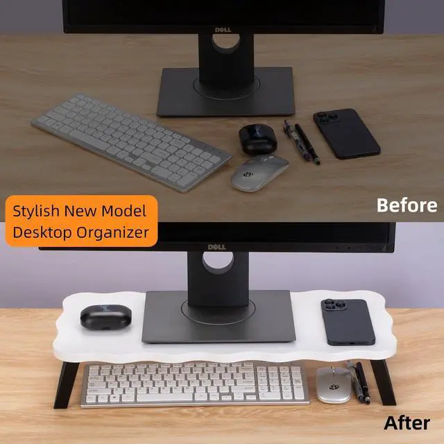 Alt view image 2 of 5 - Monitor Stand Riser, Wooden Computer Stand for Desk, Wood and Steel Multi-Purpose Desktop Storage Laptop Riser Desk Shelf for Computer, Laptop, PC, Printer, 21.65 x 9.45 x 3.94 Inch Length (White/2 Pc