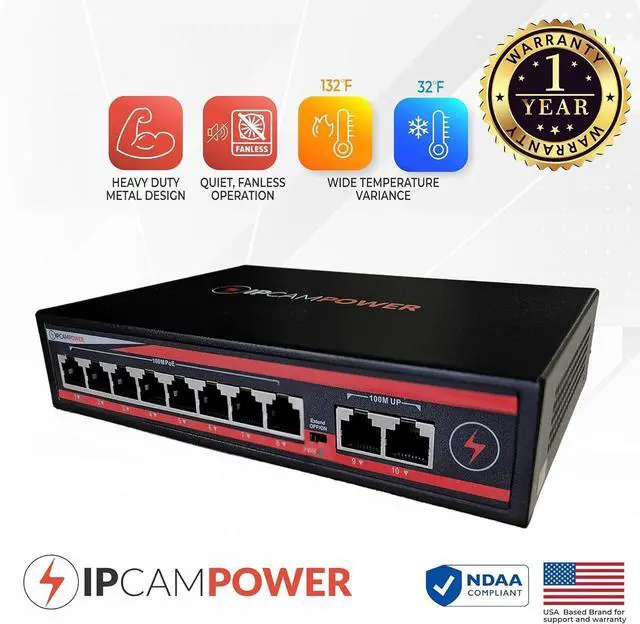 Alt view image 5 of 5 - 10 Port Unmanaged POE Switch, 8 Port POE+ & 2 Ethernet Uplink, 802.3at 30 Watts Per Port,120 Watt Total Budget, Extend Mode up to 820', Fanless, Metal