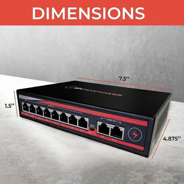 Alt view image 4 of 5 - 10 Port Unmanaged POE Switch, 8 Port POE+ & 2 Ethernet Uplink, 802.3at 30 Watts Per Port,120 Watt Total Budget, Extend Mode up to 820', Fanless, Metal
