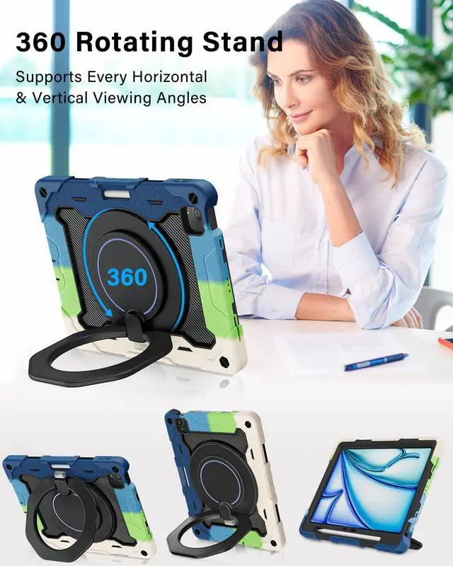 Alt view image 2 of 5 - ROISKIN for iPad Air 11 inch Case (M3 2025/M2 2024)/ Air 6th Generation for Kids with HD Screen Protector, 360 Rotating Kickstand, Shoulder Strap, Pen Holder, Heavy Duty Military Case for iPad Air 11