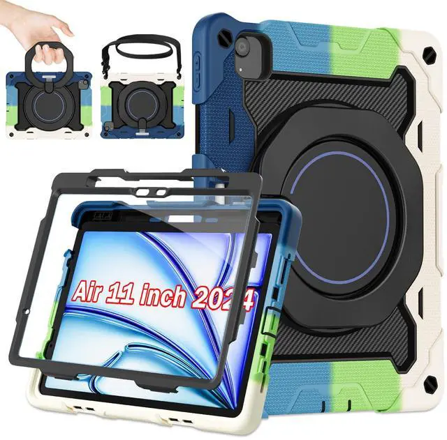 Main image of ROISKIN for iPad Air 11 inch Case (M3 2025/M2 2024)/ Air 6th Generation for Kids with HD Screen Protector, 360 Rotating Kickstand, Shoulder Strap, Pen Holder, Heavy Duty Military Case for iPad Air 11