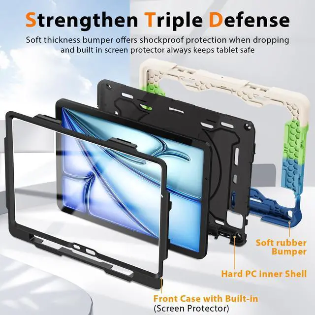 Alt view image 4 of 5 - ROISKIN for iPad Air 11 inch Case (M3 2025/M2 2024)/ Air 6th Generation for Kids with HD Screen Protector, 360 Rotating Kickstand, Shoulder Strap, Pen Holder, Heavy Duty Military Case for iPad Air 11