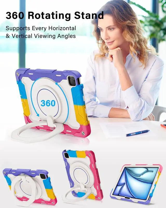 Alt view image 2 of 5 - ROISKIN for iPad Air 11 inch Case (M3 2025/M2 2024)/ Air 6th Generation for Kids with HD Screen Protector, 360 Rotating Kickstand, Shoulder Strap, Rugged Heavy Duty Military Case for iPad Air 11