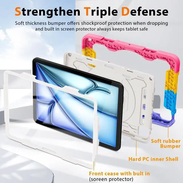 Alt view image 4 of 5 - ROISKIN for iPad Air 11 inch Case (M3 2025/M2 2024)/ Air 6th Generation for Kids with HD Screen Protector, 360 Rotating Kickstand, Shoulder Strap, Rugged Heavy Duty Military Case for iPad Air 11
