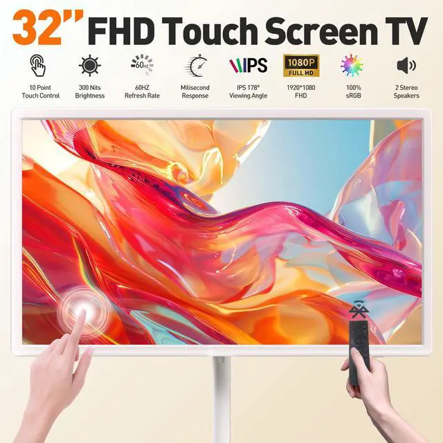 Alt view image 2 of 5 - BOSII 32-Inch Portable TV Touchscreen - 6GB RAM + 128GB Storage 1080P FHD Monitor Touch Screen Rolling TV on Wheels with Built-in 148wh Battery Android 13 OS Remote Control