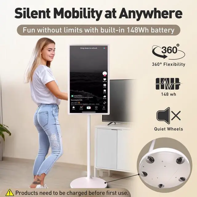Alt view image 4 of 5 - BOSII 32-Inch Portable TV Touchscreen - 6GB RAM + 128GB Storage 1080P FHD Monitor Touch Screen Rolling TV on Wheels with Built-in 148wh Battery Android 13 OS Remote Control