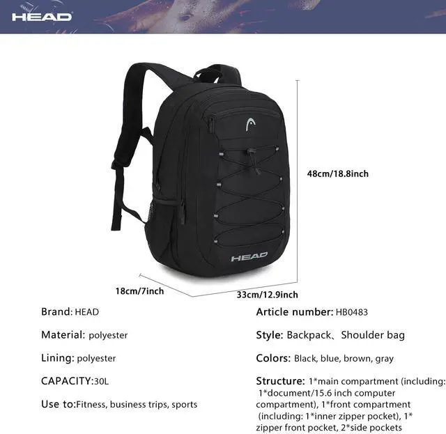 Alt view image 4 of 5 - HEAD 30L Waterproof Travel Backpack for Men, Lightweight Laptop Backpack Fits 15.6 inch Notebook,Casual Daypack Backpack for College/Sport/Workout/Outdoor/Daily Use