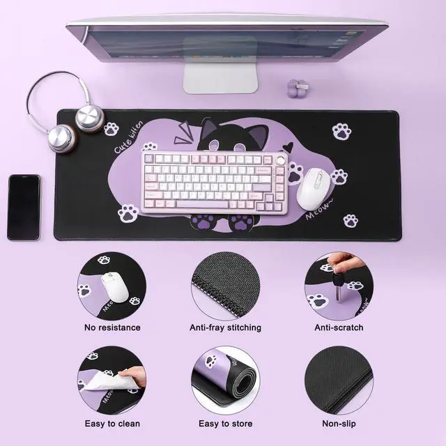 Alt view image 2 of 5 - YUNZII Keynovo Gaming Mouse Pad, Large Mouse Pad, Non-Slip 4mm Laptop Gaming Desk Pad,Waterproof Desk Pad for Gaming, Office and Home (Sweet cat, 31.49'' x 11.8'')