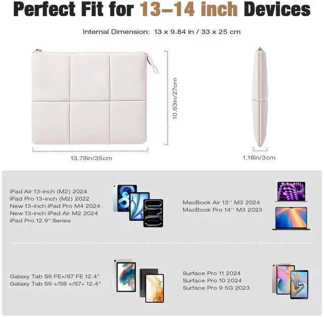 Alt view image 2 of 5 - MoKo 13.3-14 Inch Puffy Laptop Sleeve Fit with MacBook Air 13'' M3 2024/2020/2019, MacBook Pro 14'' M3 2024/2023, MacBook Pro 13" M2/M1, Built-in Elastic Band, PU Leather Carrying Case, Beige