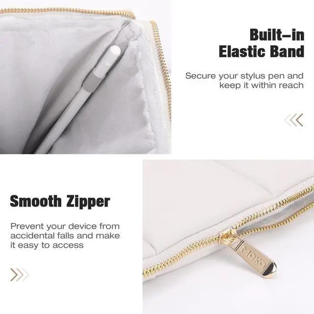 Alt view image 5 of 5 - MoKo 13.3-14 Inch Puffy Laptop Sleeve Fit with MacBook Air 13'' M3 2024/2020/2019, MacBook Pro 14'' M3 2024/2023, MacBook Pro 13" M2/M1, Built-in Elastic Band, PU Leather Carrying Case, Beige