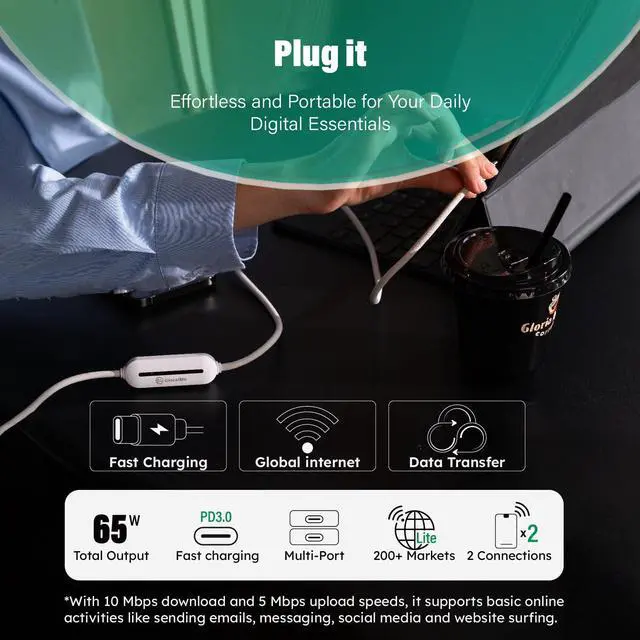 Alt view image 3 of 5 - GlocalMe UniCord Charging Cable with 4G WiFi Mobile Hotspot and 1GB Datas, 3.2ft USB C Cable, 65W Fast Charging USB C Cable with a USB A, Type C for iPhone, Tablet, Laptop