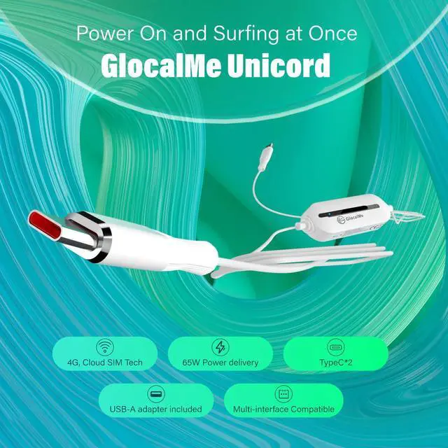 Alt view image 2 of 5 - GlocalMe UniCord Charging Cable with 4G WiFi Mobile Hotspot and 1GB Datas, 3.2ft USB C Cable, 65W Fast Charging USB C Cable with a USB A, Type C for iPhone, Tablet, Laptop