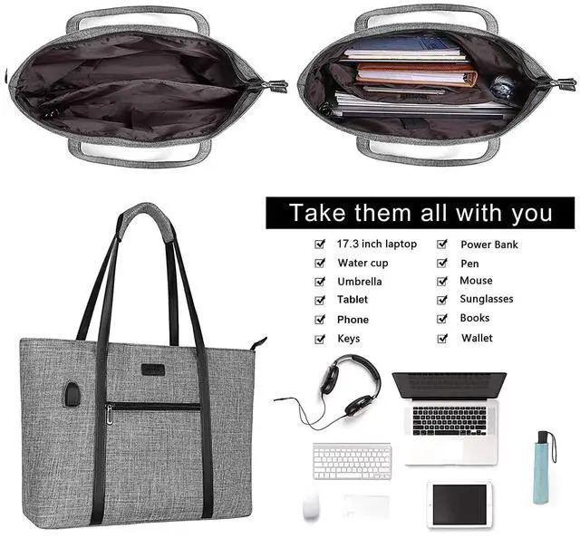 Alt view image 4 of 5 - MOSISO USB Port Laptop Tote Bag for Women,Compatible with MacBook Air 15 inch M3 M2/Pro 16 M4 M3 M2 M1,15-15.6 inch Notebook, Work Travel Business Computer Bag with Small Purse, Gray