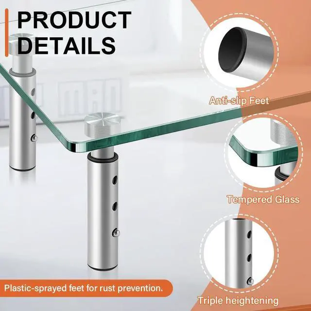 Alt view image 5 of 5 - KKTONER GLASS Monitor Stand with Height Adjustable for Home Office 2 Pack Computer Monitor Riser PC Screen Riser for Desk Organzier Laptop