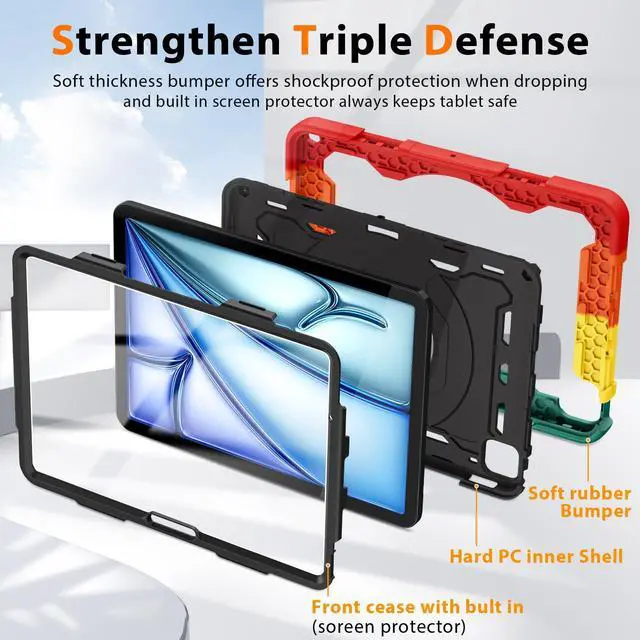 Alt view image 4 of 5 - ROISKIN for iPad Air 11 inch Case (M3 2025/M2 2024)/ Air 6th Generation for Kids with HD Screen Protector, 360 Rotating Kickstand, Shoulder Strap, Rugged Heavy Duty Military Case for iPad Air 11
