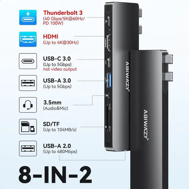 Alt view image 2 of 5 - USB C Adapter HDMI USB Multiport Hub,8 in 2 Accessories with HDMI,Thunderbolt 3,USB C and 3 USB A 3.0 Data Ports SD TF Card Reader, Audio(Black)